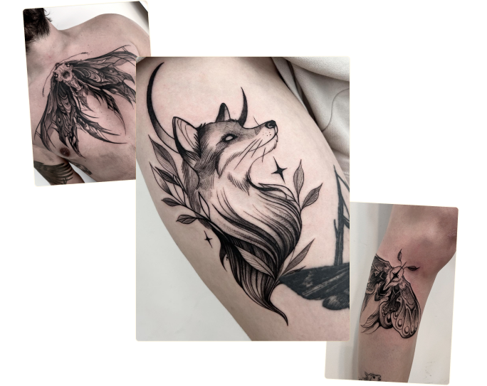 Tatouage renard avec lune et feuillages — black work par Happymonstr